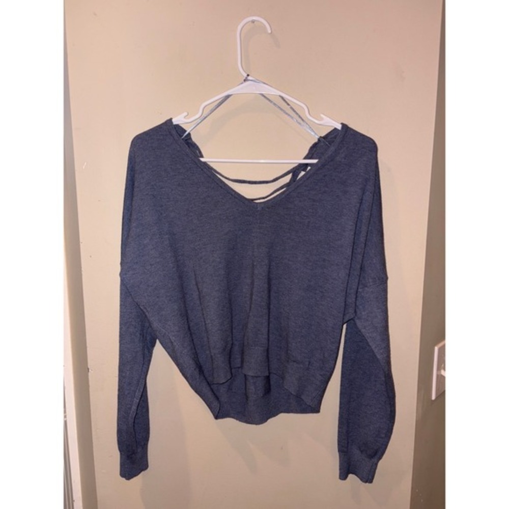 Luna Ivy Womens Lace Up Back Sweater Blue V-Neck Long Sleeve‎ Knit Top S/M T3871